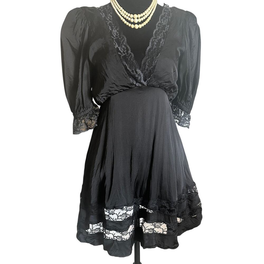 French Violet Boutique Black Satin Lace Mini Dress Medium